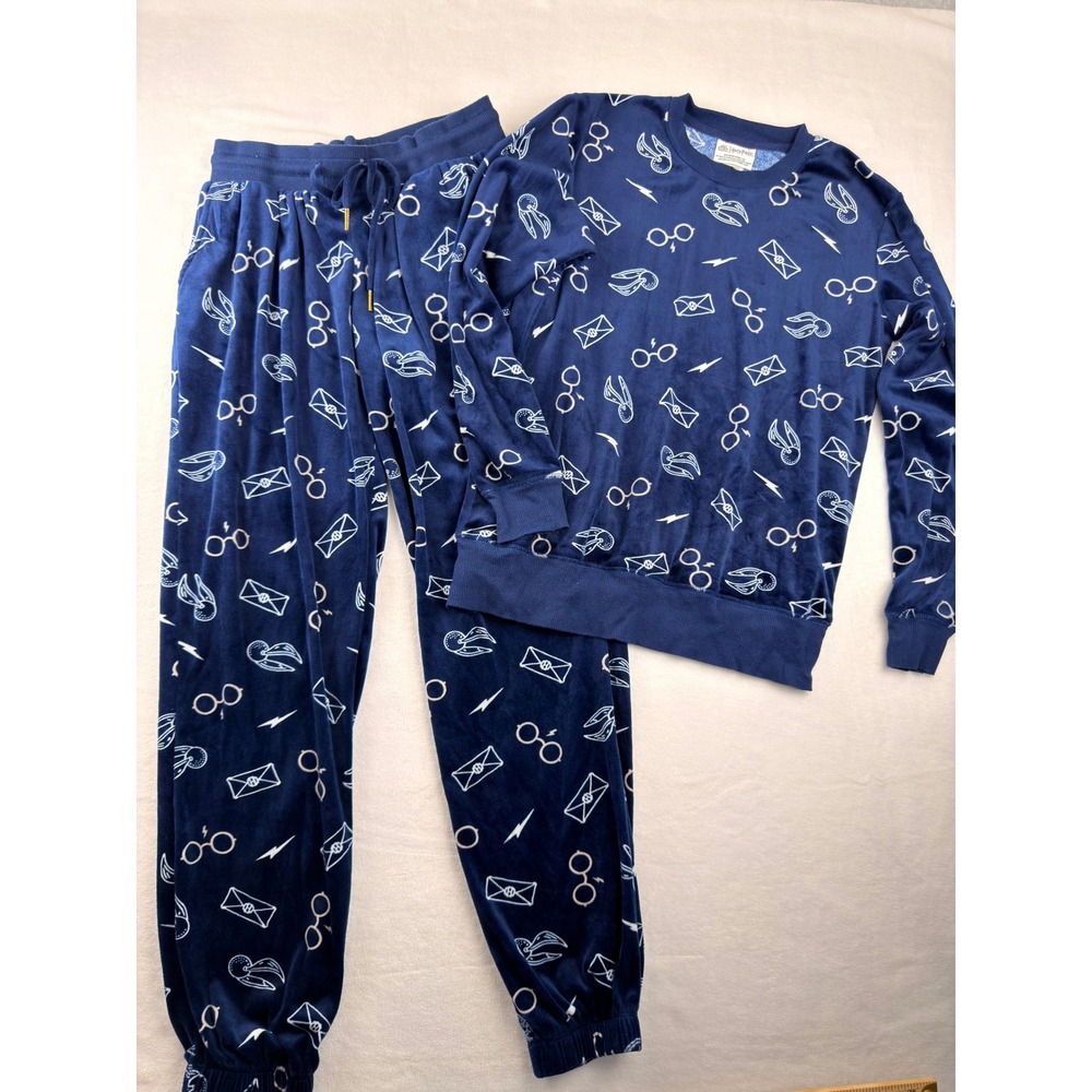Harry Potter Wizarding World Navy Blue Velour Pajama Set Snitch Glasses Small